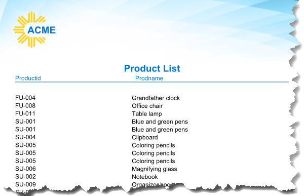 screen shot showing the Report Structure view for a table-formatted list. Contents are described in the text.