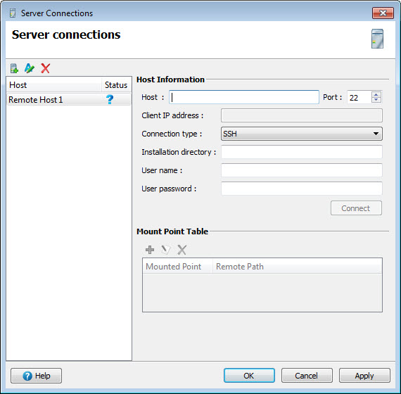 This figure is a screenshot of the Server Connection dialog. See the surrounding text for information about the fields shown.