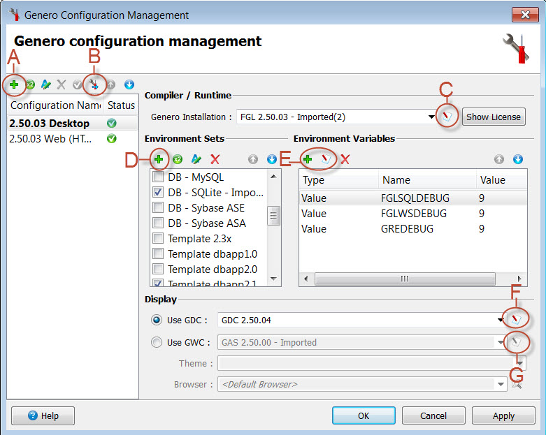 This figure is a screenshot of the Genero configuration management dialog with the Add configuration icon circled.