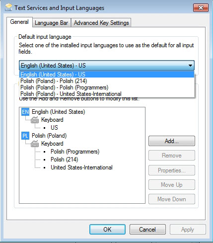 This screenshot shows an example of selecting a different default input language for a Windows client.