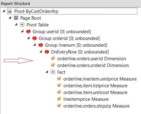 This figure shows an example of a Report Structure where the dimensions userid and orderid are both located as children of the OnEveryRow trigger.