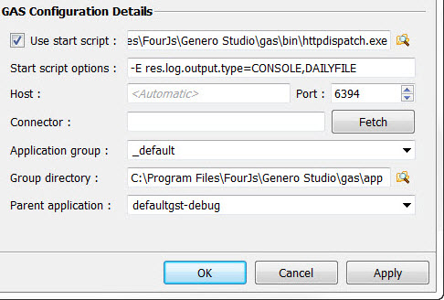This figure is a screenshot of the Genero hosts management dialog showing details of a selected GAS Configuration.