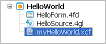 This figure is a tree view that shows the myHelloWorld.xcf file as a child node of the Hello World application node.