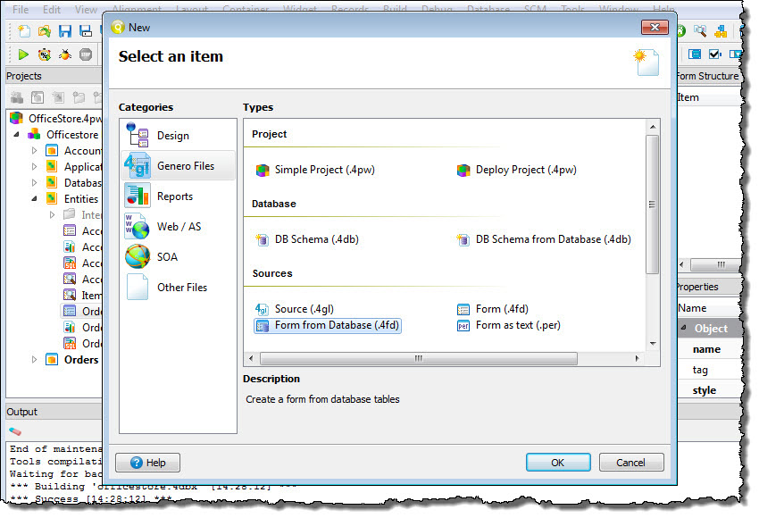 This figure shows the Form from Database (.4fd) option selected in the File >> New dialog.