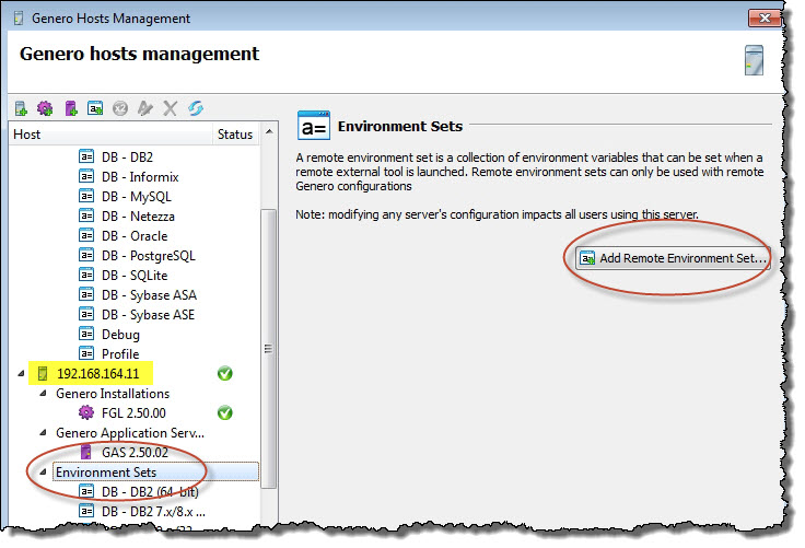 The screenshot shows the option to add a remote environment set to a Genero Studio server.