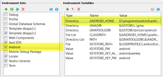 Genero Hosts Management Android SDK environment set with ANDROID_HOME highlighted.