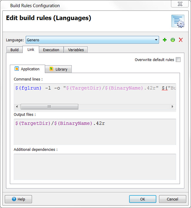 A screen shot of the Build Rules Configuration dialog - Link tab.