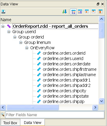 The figure is a screenshot of the Report Designer Data View panel with the OrderReport.rdd selected. Grouping elements and row fields are shown in a tree-view.