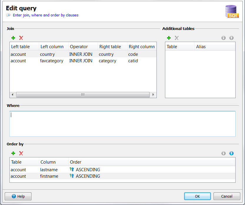 This figure is a screenshot of the Edit query dialog. See the surrounding text for more information about using the Edit query dialog to create a new form for a generated application.