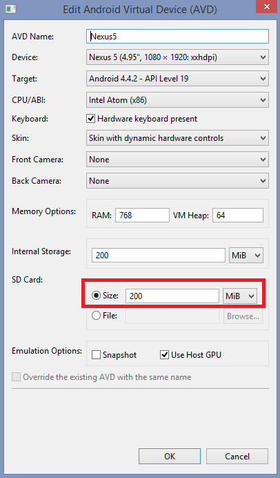 Android Virtual Device for Nexus5 with SD Card amount specified to 200 MB.