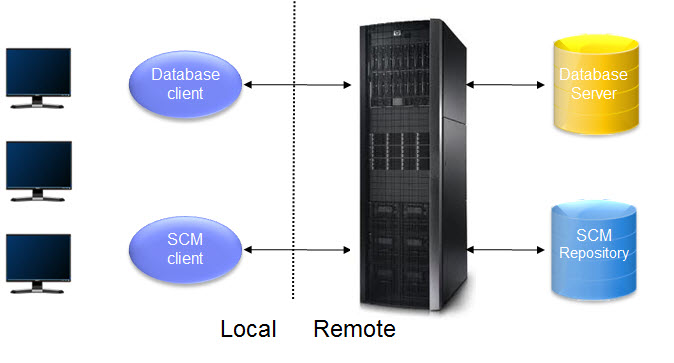 This figure shows a remote environment with the database and source code installed on a remote server.