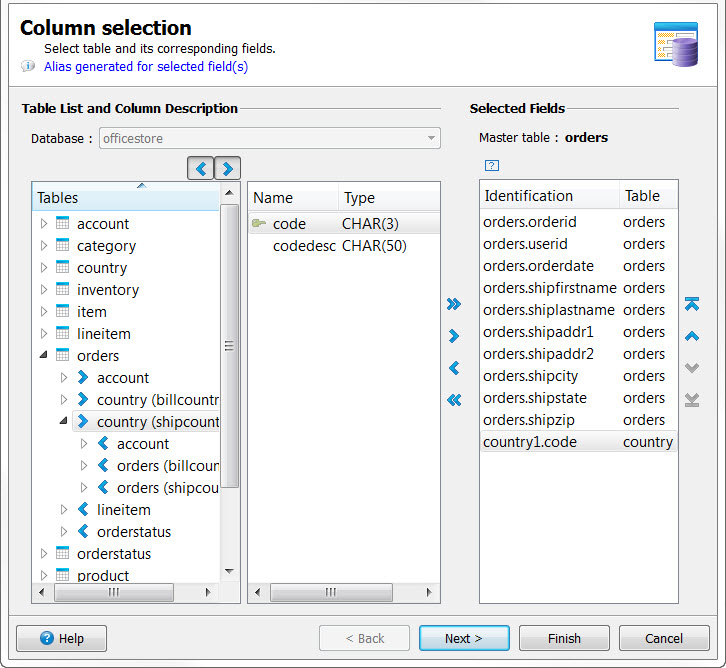This figure is a screenshot of the Column selection panel of the Data Control Wizard.