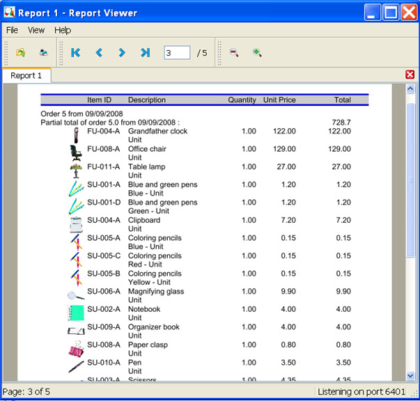 This figure is a screenshot of the Genero Report Viewer. Reports display using tabs within the Report Viewer.