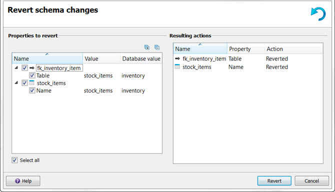 This figure is a screenshot of the Revert schema changes dialog.