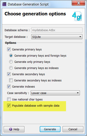 Screen shot of Database Generation Script dialog.