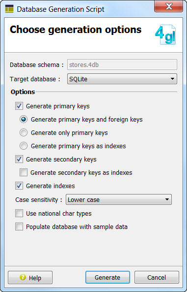 This figure is a screenshot of the Database Generation Script dialog.