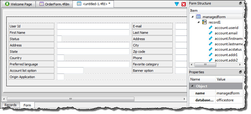 This figure shows the form created from the Form from Database wizard.