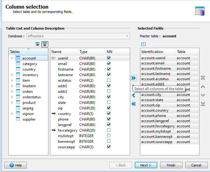 This figure is a screenshot showing the Database and Column selection dialog of the Form from Database wizard. The officestore database and all columns of the account table have been selected.
