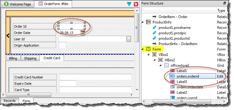 This figure shows how selecting an item in the Form Structure view also locates and selects the form item in Form Designer.