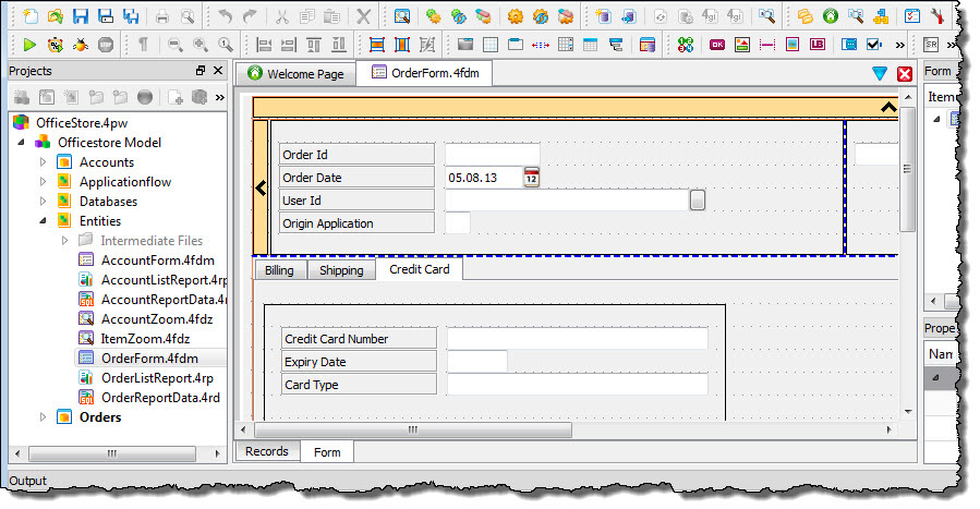 This figure shows the OrderForm.4fdm file open in Form Designer.
