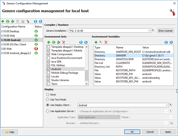 Screen shot showing Android Environment Set, with GMADIR highlighted.