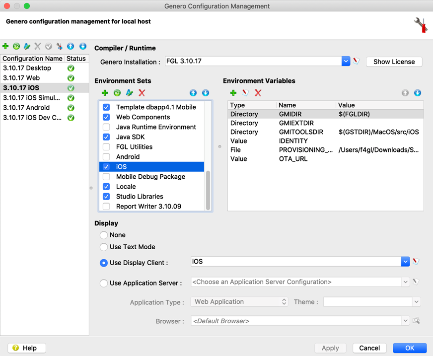 Screen shot showing iOS Environment Set, with GMIDIR highlighted.