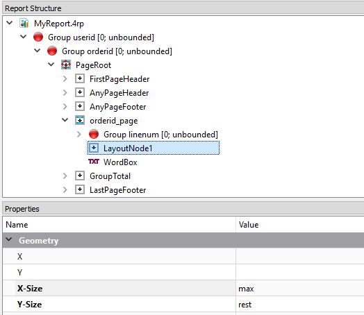 This figure shows a report with a single container with X-size equal to "max" and Y-szie equal to "rest". This means that the container consumes the remainder of the page.