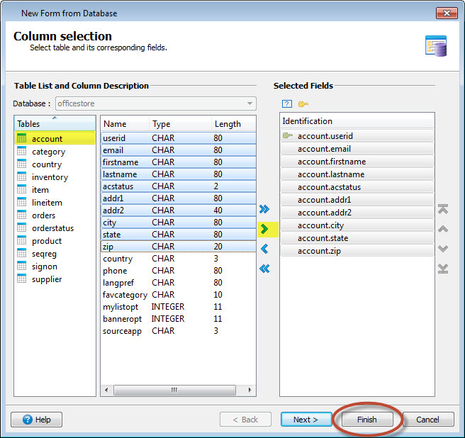 This figure is a screenshot of New Form from Database wizard Column selection.