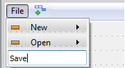 The graphical Topmenu editor with a File menu being built with New, Open, and Save options.