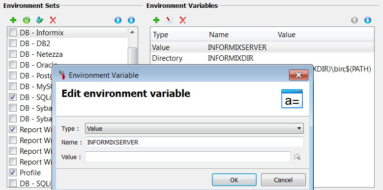 This figure is a screenshot of the Genero hosts management dialog showing environment set variables for the selected Environment Set: DB - Informix.