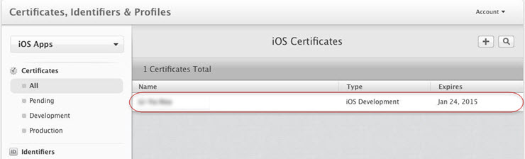 Screen shot showing certificate completed and in list.