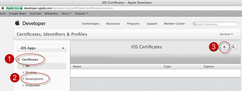 Screen shot identifying where to click to add a new development certificate.