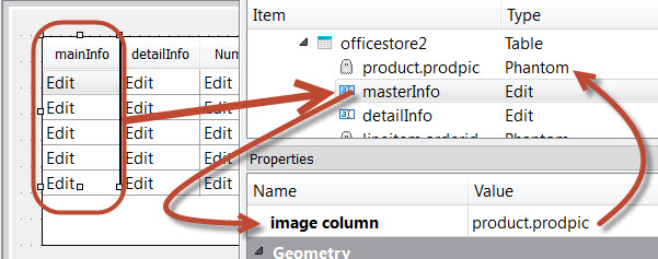 Screen shot showing image column property set to product.prodpic, the phantom column.