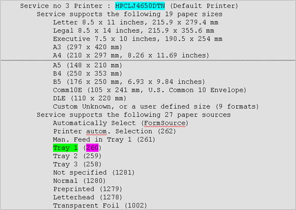 This figure is a screenshot of printerinfo output for the printer HPCLJ4650DTN.