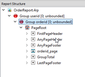 This figure shows the report structure for the Order Report. The nodes are in the following hierarchy: OrderReport.4rp, Group userid, Group orderid, PageRoot.