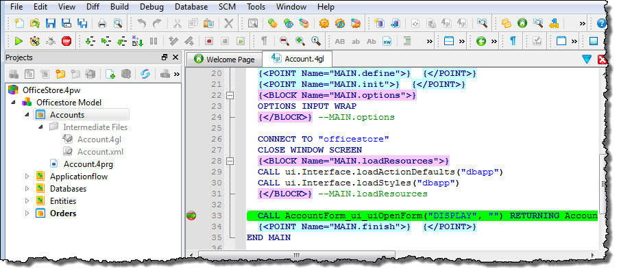 This figure shows the Accounts application in Debug mode, waiting at a breakpoint.