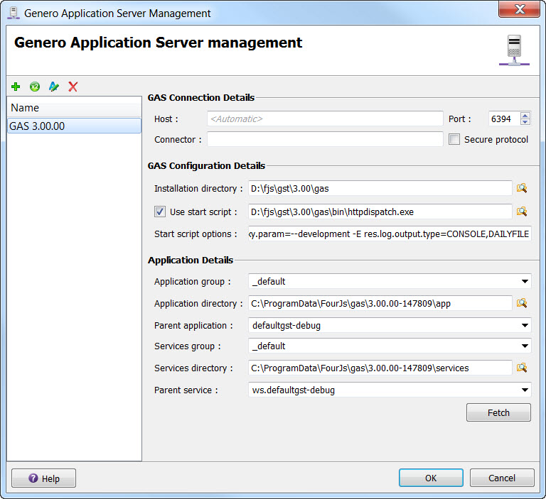 A screen shot of the Genero Application Server management dialog showing details of a selected GAS Configuration.
