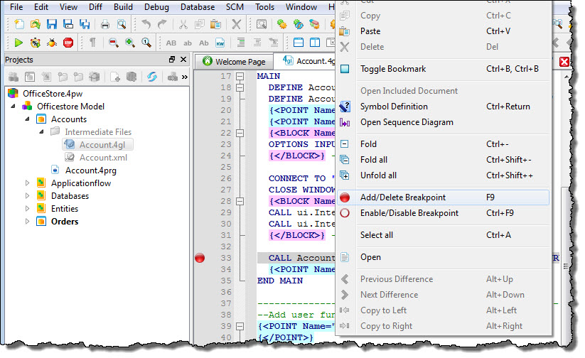 This figure shows a breakpoint at line 33 of the Account.4gl application.