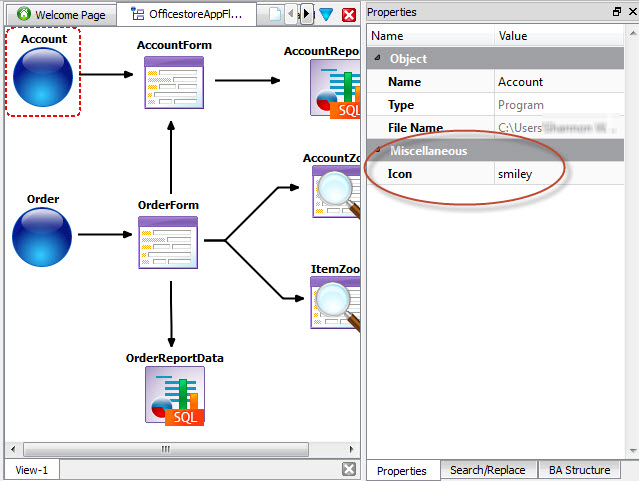 Screenshot showing Icon property in properties list.