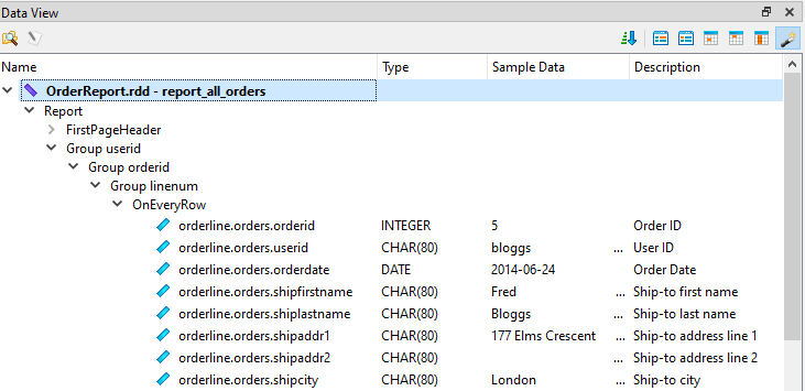 This figure is a screenshot of the Data View displaying the OrderReport.rdd data.