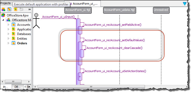 This figure shows the AccountForm_ui_recAccount_setDefaultValues function box expanded to show the AccountForm_ui_recAccount_clearCascade subcall.