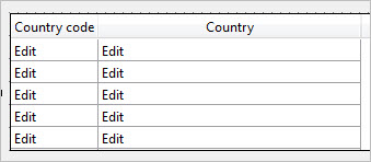 This figure is a zoom form example: a table with a country code column and a country column. All fields are Edit fields.