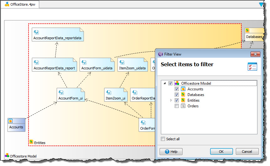 This figure shows the Filter view with the Order node deselected to show only Accounts application dependencies.