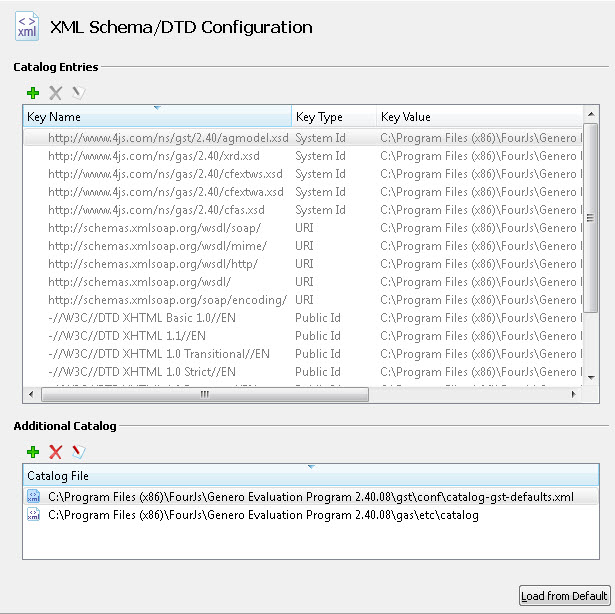 This figure is a screenshot of the XML Schema / DTD Configuration dialog. Catalog entries are listed first. Additional Catalogs can be added underneath.
