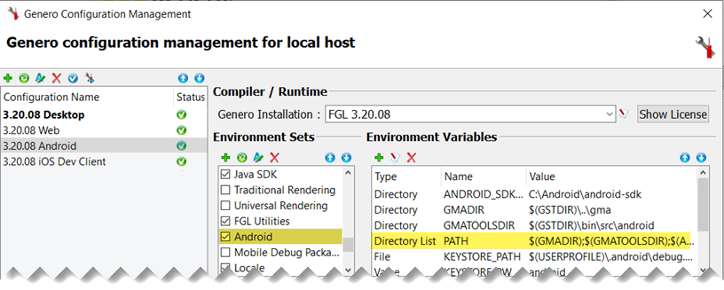 Genero Hosts Management Android environment set with PATH highlighted.
