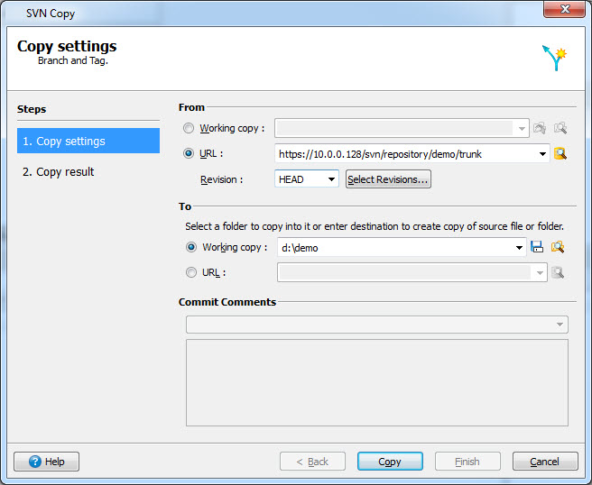 This figure is a screenshot of the SVN Copy dialog. See the surrounding text for more information about how to copy a project file and a description of the fields shown.