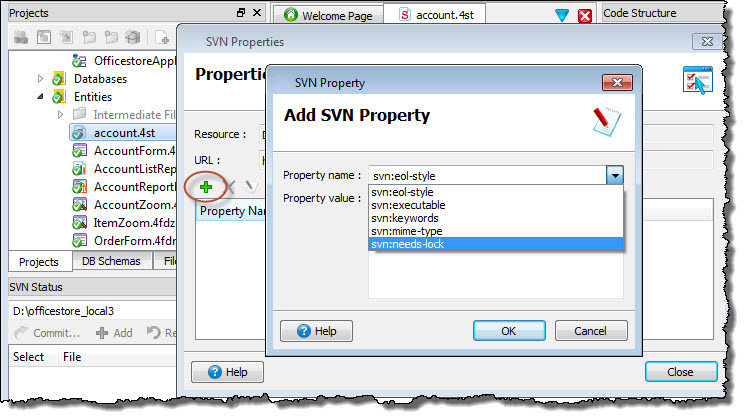 This figure shows the needs-lock property that requires a user to lock a file before modifying it.