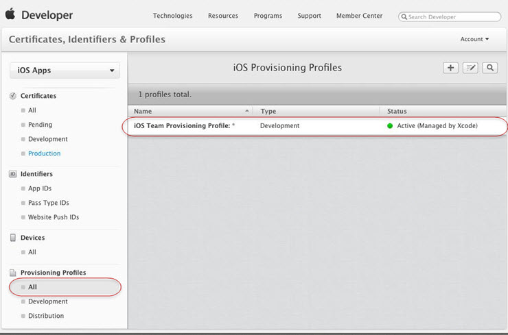 Screen shot showing active provisioning profile.
