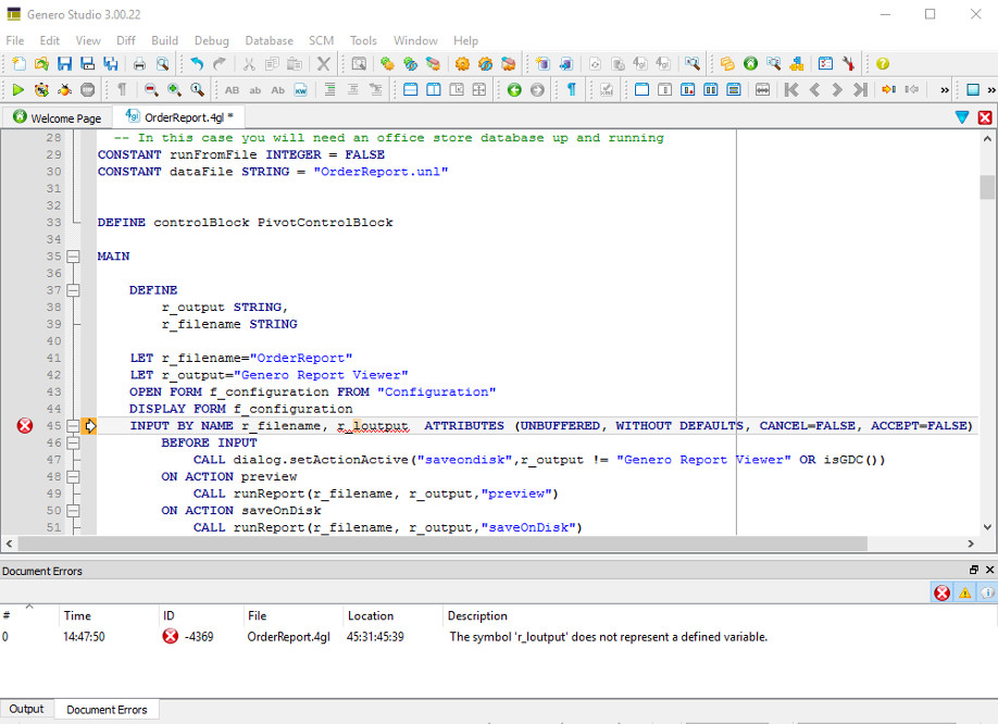 Screenshot of Genero Studio code editor showing line marked with syntax error