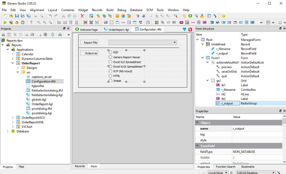 Screenshot of Genero from designer showing RadioGroup widget selected in the configuration.4fd form file